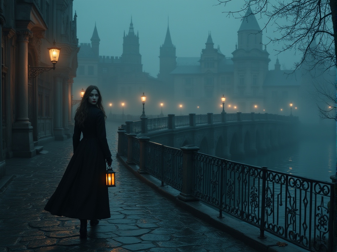 Prompt: Lakefront, mysterious atmosphere, twilight hour, dark misty fog, dim street lamps, old stone pavement, Gothic architecture, grandiose building, intricately carved doors, ornate iron fences, Baroque-inspired bridge, ruffled water reflections, eerie silence, solitary figure, long black coat, Victorian-era inspired attire, pale skin, crimson lips, bold eyebrows, lace gloves, holding a lantern, walking slowly, ominous ambient lighting, foggy mist, dramatic composition, cinematic mood.