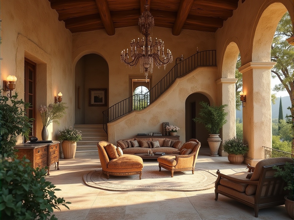 Prompt: Limestone material, eclectic design, luxurious villa, ornate architecture, rustic charm, earthy tone, natural texture, irregular shape, rough surface, warm ambient light, afternoon sun, Mediterranean landscape, cypress trees, blooming flowers, vintage furniture, distressed wood, metallic decorations, rich fabric upholstery, opulent chandelier, grand staircase, dramatic archways, warm color palette, cozy atmosphere, 3/4 composition, soft focus, cinematic lighting.