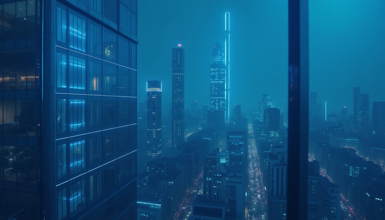 Prompt: Indigo-colored modern architecture, sleek skyscraper, futuristic cityscape, nighttime scene, neon lights reflecting off indigo glass facade, subtle gradient effect, metallic accents, LED strip lighting, minimalist decor, avant-garde design, luxurious atmosphere, high-rise building, urban landscape, misty evening, atmospheric perspective, cinematic composition, dramatic backlighting.