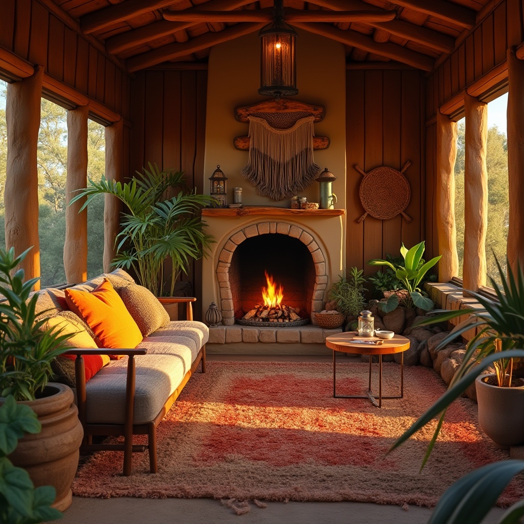 Prompt: Cozy cabin, harsh desert environment, warm golden lighting, rustic wooden walls, plush carpet, comfortable couch, vibrant colorful throw pillows, lush green plants, refreshing water feature, serene ambient sounds, soft focus, 3/4 composition, warm color tone, inviting atmosphere, relaxing ambiance, lanterns, candles, natural stone fireplace, woven basket, macrame wall hanging, earthy tones.