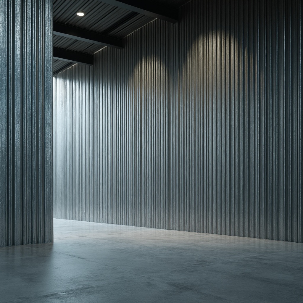 Prompt: Corrugated iron wall, modern architecture, industrial design, metallic texture, silver color, wavy pattern, brutalist style, urban landscape, cityscape, concrete floor, minimalist space, dramatic lighting, high ceiling, angular composition, 3/4 view, cinematic mood, realistic rendering.