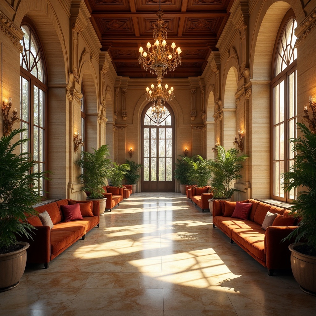 Prompt: Renaissance hotel lobby, luxurious atmosphere, brick material walls, warm beige color, ornate stone carvings, grand chandelier, comfortable seating area, velvet sofas, wooden coffee tables, potted green plants, natural light streaming through large windows, warm afternoon sunlight, soft shadows, 3/4 composition, shallow depth of field, cinematic lighting.