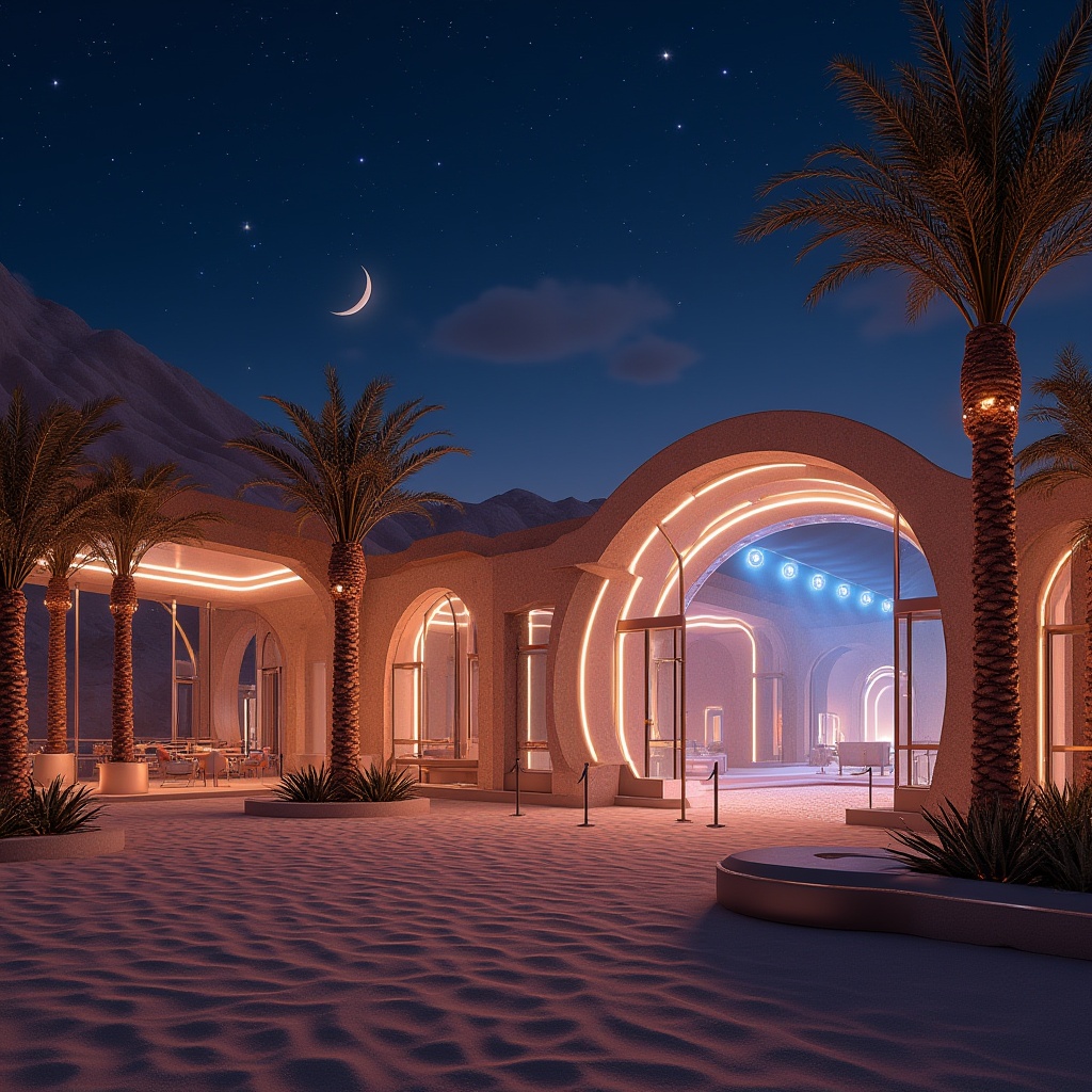 Prompt: Desert-inspired night club architecture, luxurious, modern, futuristic, sandy dunes, starry night sky, crescent moon, palm trees, neon lights, LED strips, glass facade, metallic framework, curved lines, geometric patterns, mirror-like reflections, spotlights, misty atmosphere, VIP lounge area, DJ stage, dance floor, velvet ropes, champagne bar, VIP tables, futuristic furniture, ambient lighting, warm colors, 3/4 composition, cinematic perspective, low-angle shot.