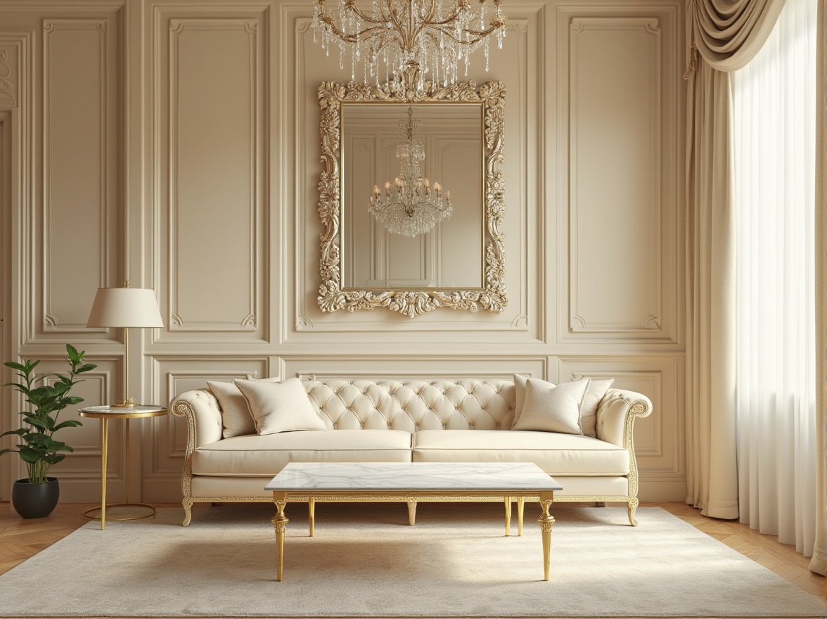 Prompt: Cream color, luxurious, vintage, art deco interior, ornate mirror, geometric patterned wallpaper, velvet sofa, golden metal legs, marble coffee table, crystal chandelier, lavish curtains, intricate carvings, sophisticated ambiance, high-end furniture, opulent decor, warm soft lighting, 3/4 composition, shallow depth of field.