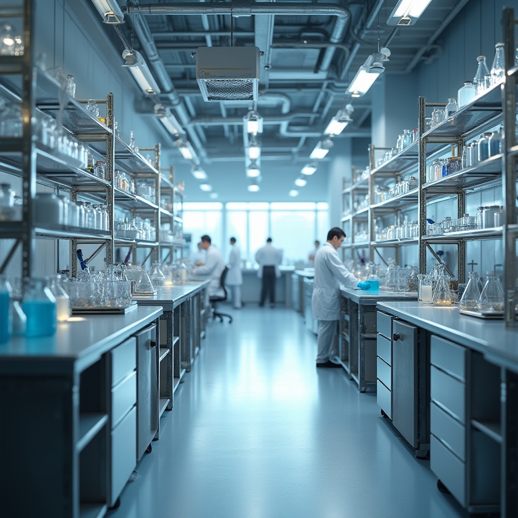 Prompt: Modern laboratory, galvanized steel, industrial chic, metal framework, sleek lines, minimalist decor, sterile environment, futuristic feel, bright fluorescent lighting, 3/4 composition, shallow depth of field, focus on central workstation, rows of metal shelving, glass containers, beakers, test tubes, pipettes, lab coats, goggles, gloves, scientists in the background, blurred motion, stainless steel countertops, epoxy resin flooring, white walls, ceiling tiles, air vents, ductwork, ambient hum of machinery.