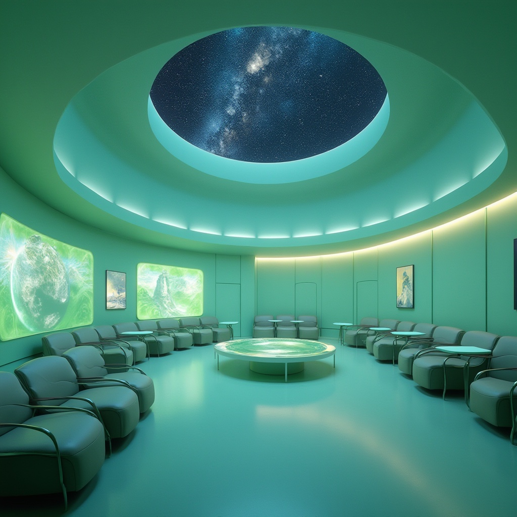 Prompt: calm planetarium interior, futuristic ambiance, mint green walls, soft glow lighting, starry night sky ceiling, sleek metallic chairs, minimalist tables, holographic projections, interactive exhibits, misty fog effect, gentle slope flooring, curved lines, ambient sounds, 3/4 composition, shallow depth of field, warm color temperature, cinematic atmosphere.