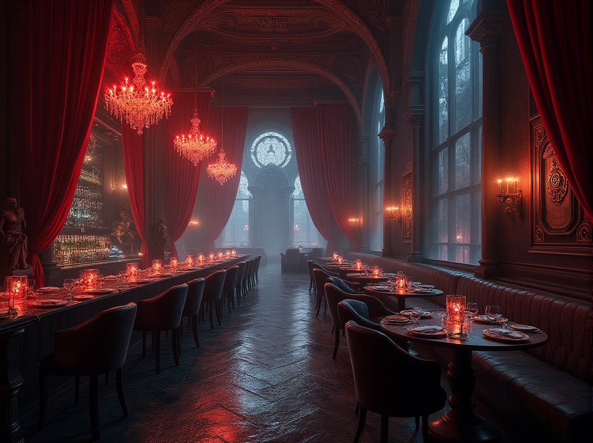 Prompt: Dark, mysterious atmosphere, futuristic gothic style restaurant, high ceilings, grand chandeliers, intricate stone carvings, ornate wooden furnishings, luxurious velvet drapes, dim red lighting, foggy mist, eerie shadows, avant-garde sculptures, neon-lit bar, holographic projections, cyberpunk elements, metallic accents, industrial pipes, distressed leather seats, ancient artifacts on display, mystical symbols etched into walls, lavish VIP lounge, intimate private booths, dramatic staircases, grandiose entrance, urban cityscape outside, rainy night, 3/4 composition, cinematic lighting, high contrast, HDR.