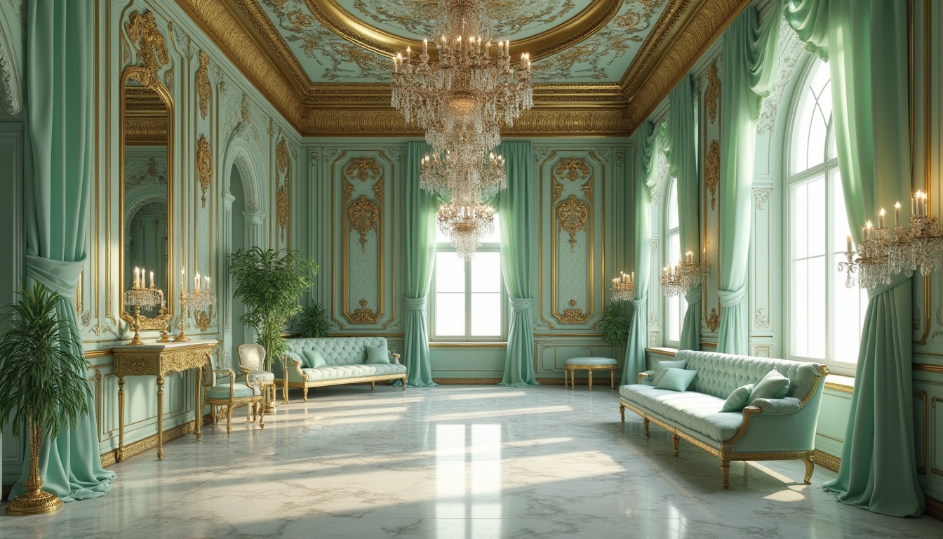 Prompt: Mint color accents, ornate gold frames, luxurious velvet fabrics, intricate lace details, lavish satin drapes, modern renaissance design, grandiose chandelier, marble floors, fresco ceiling, ornamental mirrors, lavish furniture, soft mint green walls, elegant candelabras, vintage decorative patterns, sophisticated atmosphere, dramatic lighting, 3/4 composition, shallow depth of field, warm color tone, cinematic ambiance.