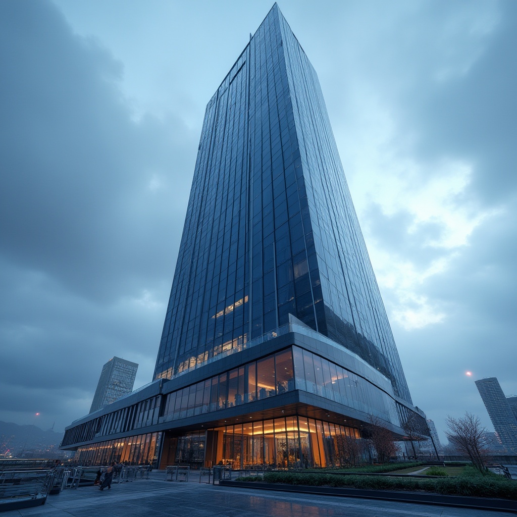 Prompt: Navy blue skyscraper, modern architecture, bold design choice, sleek lines, glass windows, steel beams, rooftop garden, cityscape view, cloudy sky, dramatic lighting, low-angle shot, urban landscape, metropolitan feel, contemporary style, geometric shapes, reflective surface, abstract composition.