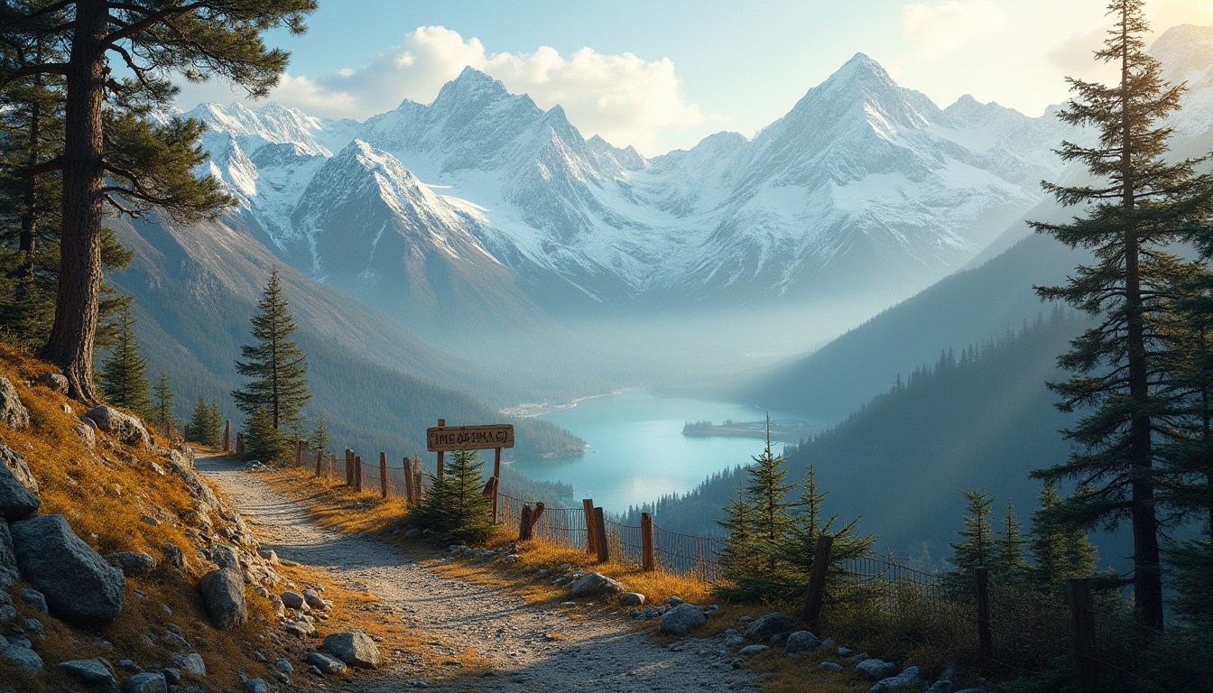 Prompt: Mountainous environments, majestic mountains, snow-capped peaks, rugged terrain, serene lakes, misty atmosphere, ancient trees, twisted branches, weathered rocks, steep cliffs, winding mountain roads, rusty iron fences, wooden signs, backpackers, hikers, adventurers, warm sunlight, soft fog, cinematic composition, panoramic view.