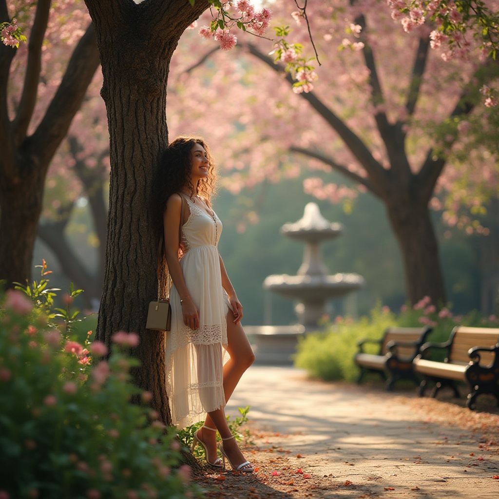 Prompt: Romantic campus scene, lush greenery, vibrant flowers blooming, old trees with twisted branches, intricately carved wooden benches, softly lit pathways, warm afternoon sunlight filtering through leaves, gentle breeze rustling hair, beautiful lady, long curly brown hair, bright smile, elegant white dress, lace details, high heels, book bag slung over shoulder, leaning against ancient tree trunk, lost in thought, surrounded by blooming cherry blossoms, picturesque stone fountain in background, soft focus, warm color palette, cinematic composition.