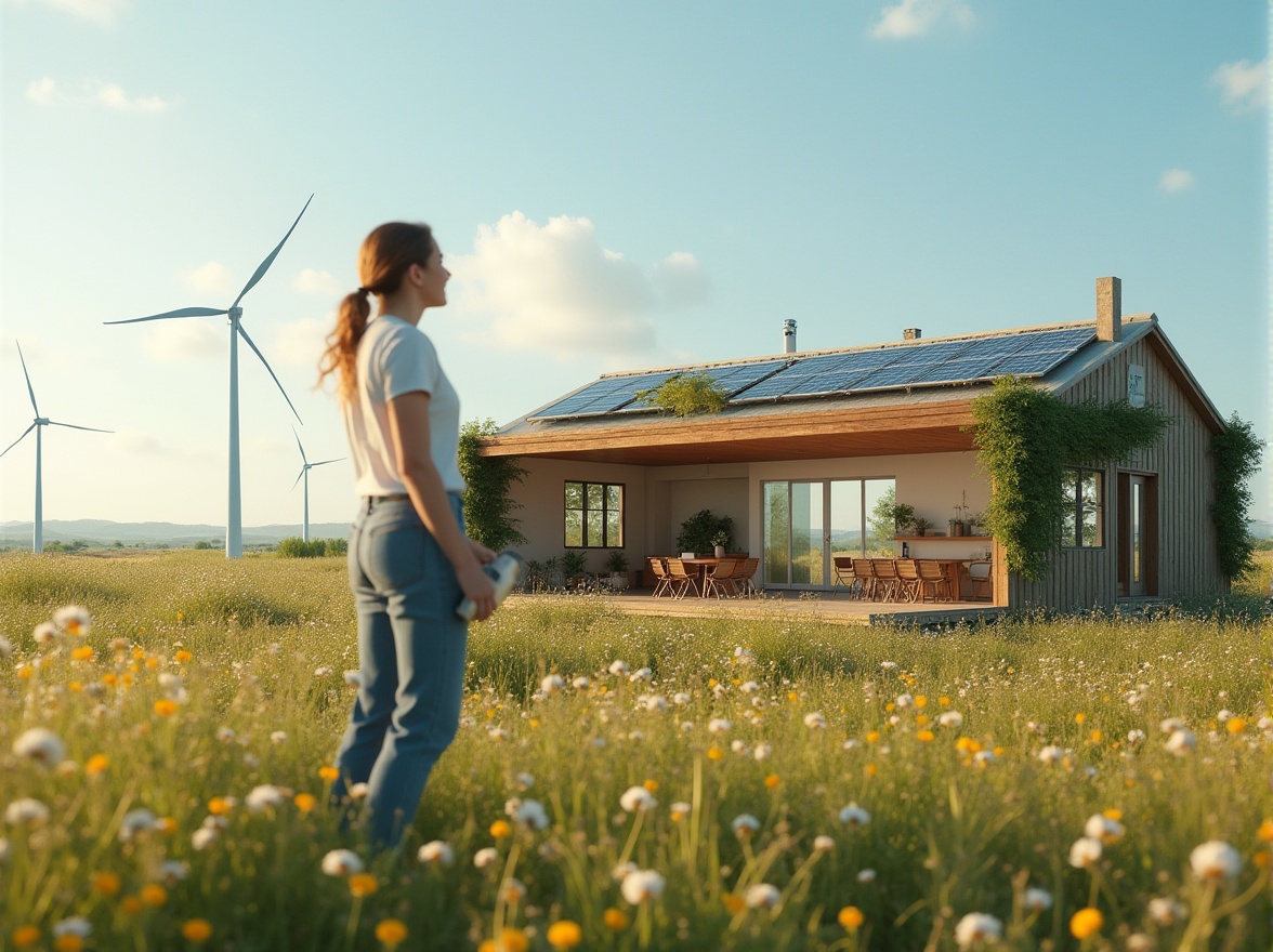 Prompt: Eco-friendly modern house, grassland environment, abundant wildflowers, wind turbines, solar panels, green roof, minimalist interior design, natural materials, wooden furniture, plants everywhere, floor-to-ceiling windows, panoramic view, 3/4 composition, soft warm lighting, morning dew, gentle breeze, serene atmosphere, sustainable lifestyle, mature lady, casual wear, ponytail, smiling face, holding a reusable water bottle, standing in front of the house, looking out at the vast grassland, blue sky with a few white clouds.