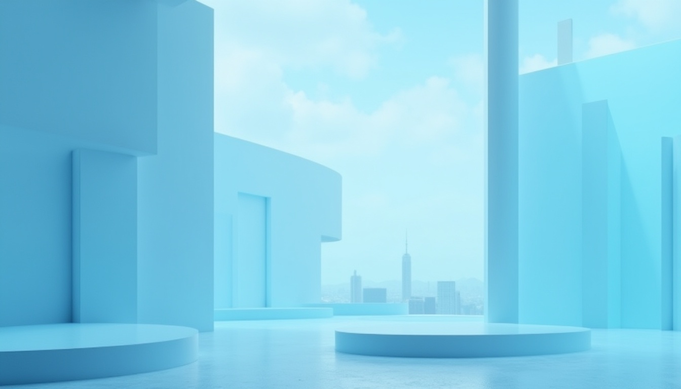 Prompt: Sky blue background, modern minimalist design, calm atmosphere, geometric shapes, clean lines, sleek surfaces, bold typography, contrast with white accents, subtle gradient effects, futuristic tone, abstract composition, 3/4 view, soft focus, ambient lighting, HDR, panoramic view, cityscape, skyscrapers, urban landscape, serene mood.