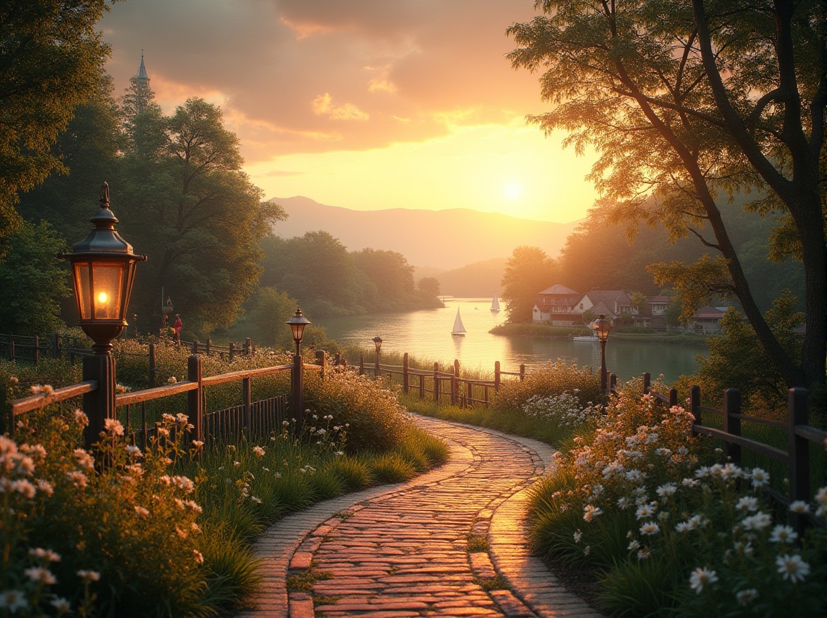 Prompt: Rural campus, romanticism style, idyllic scenery, sunset glow, gentle breeze, warm light, rustic wooden fences, lush greenery, blooming wildflowers, winding brick pathways, vintage lanterns, nostalgic bicycles, tranquil lakeside, sailboats drifting, misty mountains in the distance, soft focus, shallow depth of field, warm color tone, cinematic composition, peaceful atmosphere.