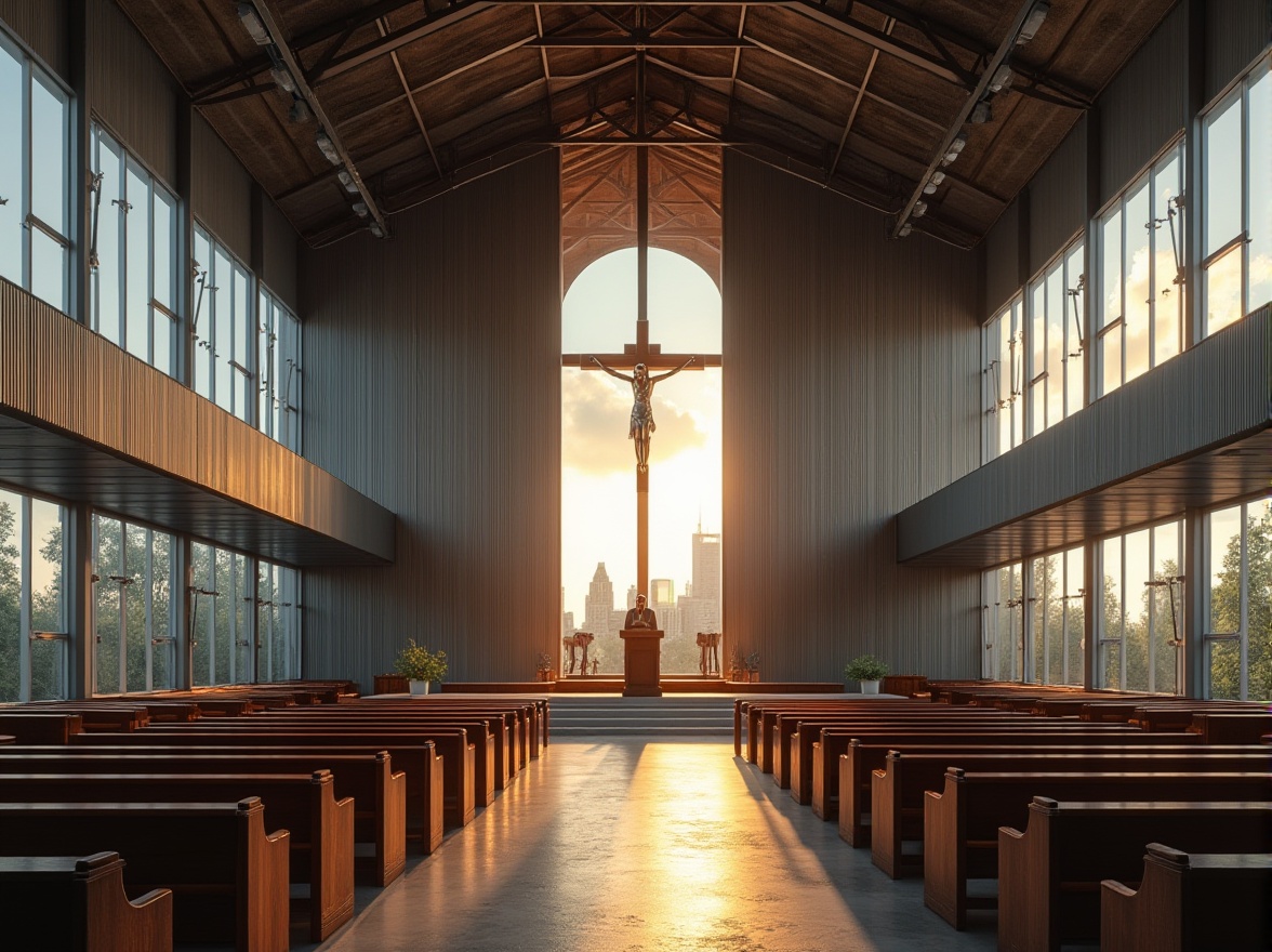 Prompt: Modern church, industrial style, corrugated iron walls, sleek lines, minimalist interior, large windows, natural light pouring in, stained glass windows with subtle patterns, wooden pews, simple yet elegant altar, crucifix made of dark wood and silver, priest standing at the podium, warm lighting, morning sunbeams, dramatic shadows, vaulted ceiling, exposed ductwork, polished concrete floors, urban landscape outside, city skyscrapers visible through the windows.