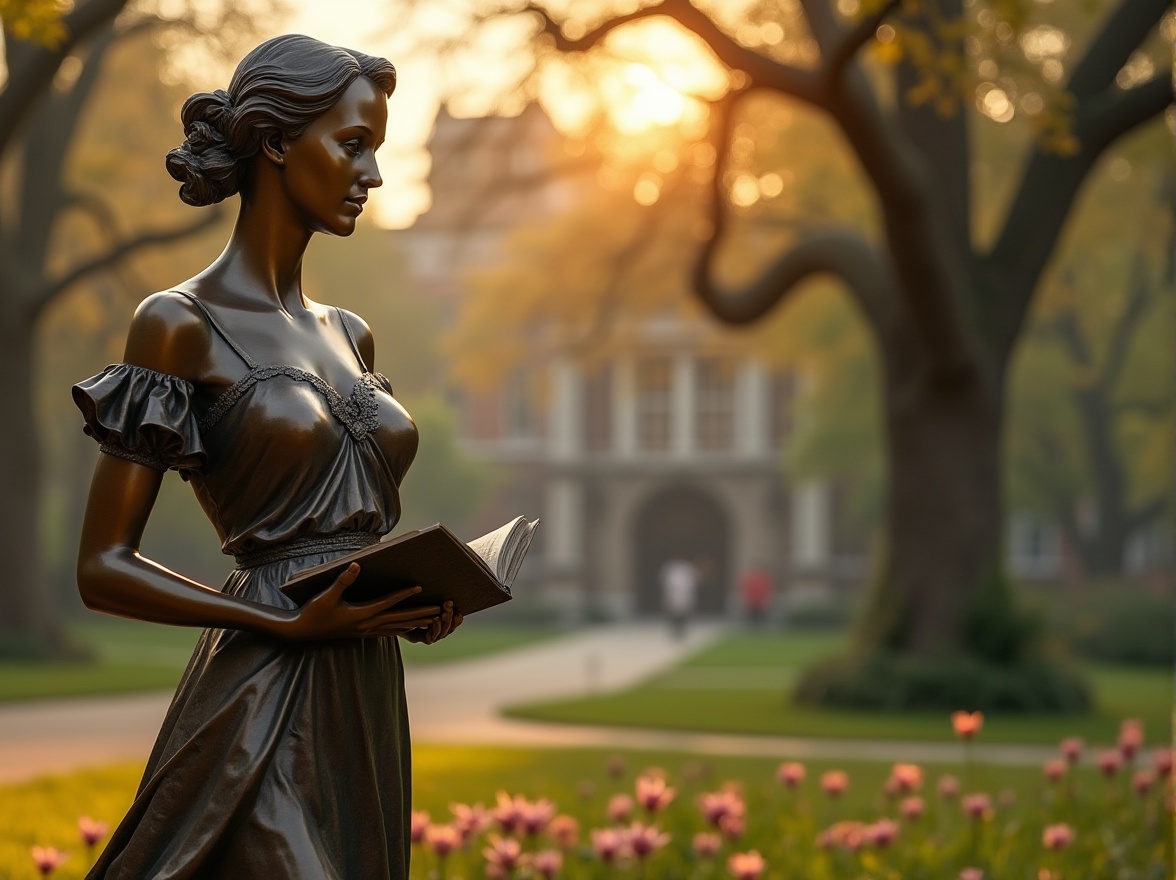 Prompt: Bronze statue, campus romanticism, gentle afternoon sunlight, subtle golden glow on bronze surface, intricate details, ornate decorations, slender waist, flowing skirt, soft ruffles, delicate fingers holding a book, peaceful facial expression, soft focus, warm ambient light, shallow depth of field, beautiful bokeh, natural scenery background, lush greenery, blooming flowers, serene atmosphere, quiet walking path, old trees with twisted branches, historic campus building in the distance.