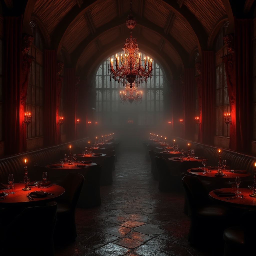 Prompt: Dark, mysterious gothic style restaurant, corrugated metal walls, vaulted ceiling, grand chandelier, luxurious velvet drapes, ornate wooden tables, high-backed chairs, mysterious ambiance, dim red lighting, foggy atmosphere, ancient stone floors, intricate ironwork, stained glass windows, eerie shadows, dramatic composition, 3/4 view, warm color tone, cinematic mood.