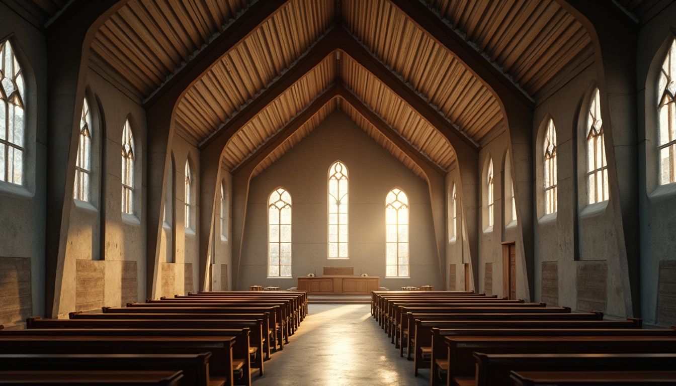 Prompt: Modern church, corrugated iron roof, industrial chic, urban architecture, angular lines, geometric shapes, minimalist interior, concrete walls, steel beams, stained glass windows, dimmed lighting, dramatic shadows, warm beige tone, wooden pews, subtle textures, natural materials, serene ambiance, atmospheric composition, low-angle shot, symmetrical framing.