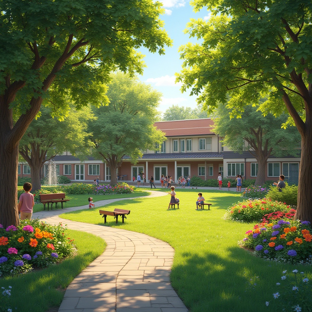 Prompt: Schoolyard landscaping, vibrant green grass, colorful flowers, trees providing shade, winding stone path, benches scattered, students chatting, laughing, playing, learning, outdoor classroom, wooden tables, chairs, educational signage, water feature, fountain, bird bath, butterfly garden, sunny afternoon, warm soft lighting, 3/4 composition, naturalistic, serene atmosphere, educational institution, environmental awareness.