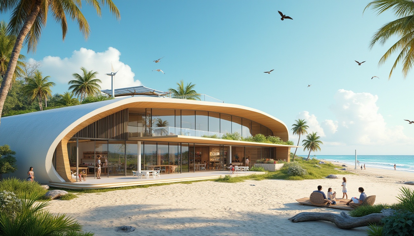 Prompt: Coastal youth center, modern green architecture, sustainable building, curved lines, large windows, solar panels, rooftop garden, wind turbines, blue ocean view, sandy beach, palm trees, driftwood, seagulls flying overhead, sunny day, warm lighting, 3/4 composition, shallow depth of field, vibrant colors, natural materials, wooden accents, minimalist interior design, cozy reading nook, floor-to-ceiling windows, open space, communal area, surfing equipment storage, outdoor showers, beach volleyball court, scenic lookout points.