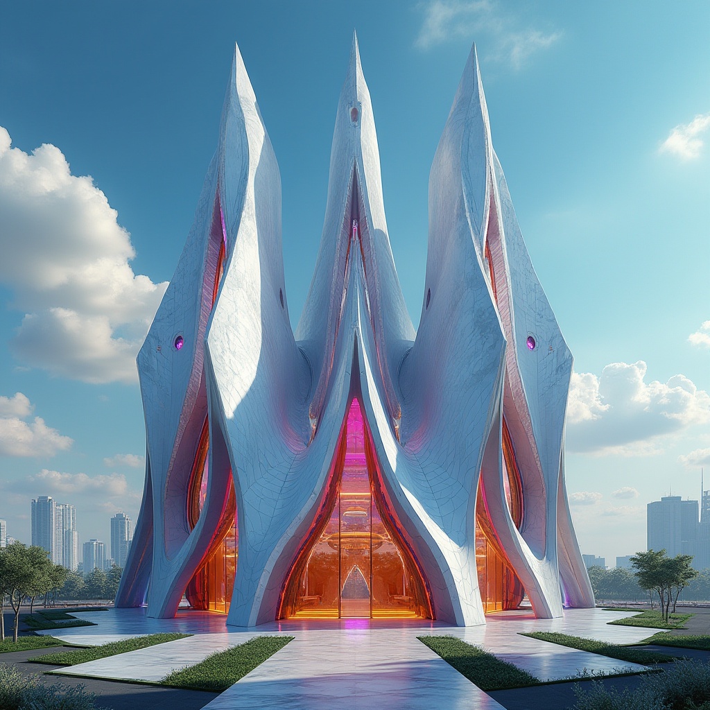 Prompt: Metabolism style church, futuristic architecture, symmetrical composition, sharp angles, metallic materials, glass façade, neon lights, vibrant colors, abstract shapes, geometric patterns, modern cityscape, urban landscape, daytime, sunny weather, clear blue sky, dramatic clouds, low-angle shot, wide-angle lens, cinematic lighting, 3D modeling, detailed textures.