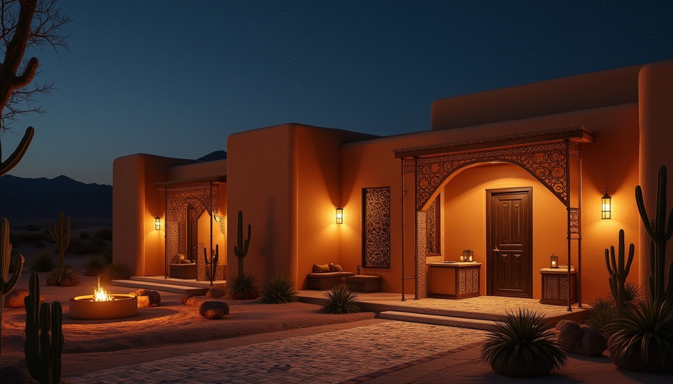 Prompt: Desert hotel, regionalism architecture, adobe structure, earthy tone, sandy dunes background, cactus plants, Moroccan patterned tiles, intricately carved wooden doors, rustic metal lanterns, warm ambient lighting, cozy atmosphere, 3/4 composition, low-angle shot, dramatic shadows, vast desert landscape, distant mountain range, starry night sky.