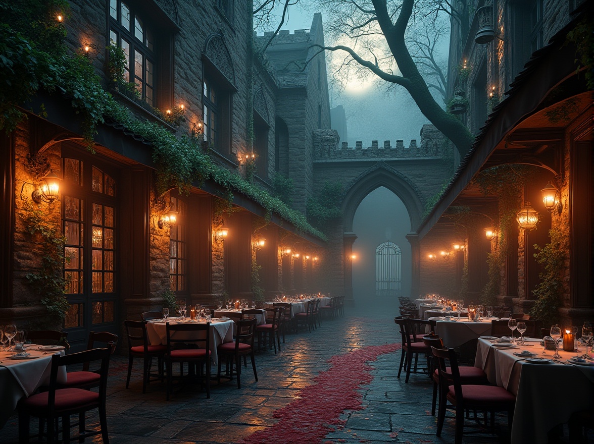 Prompt: Gothic style restaurant, outdoor seating area, mysterious ambiance, twisted iron fences, ornate stone walls, grandiose entrance gates, lush green vines crawling up, dim lanterns hanging from tree branches, misty atmosphere, fog rolling in, dark wood tables and chairs, velvet drapes, rich red carpets, medieval-inspired decorations, grand chandeliers, stained glass windows, intricate carvings, spooky trees looming above, full moon shining down, warm golden lighting, cinematic composition, high contrast, detailed textures.