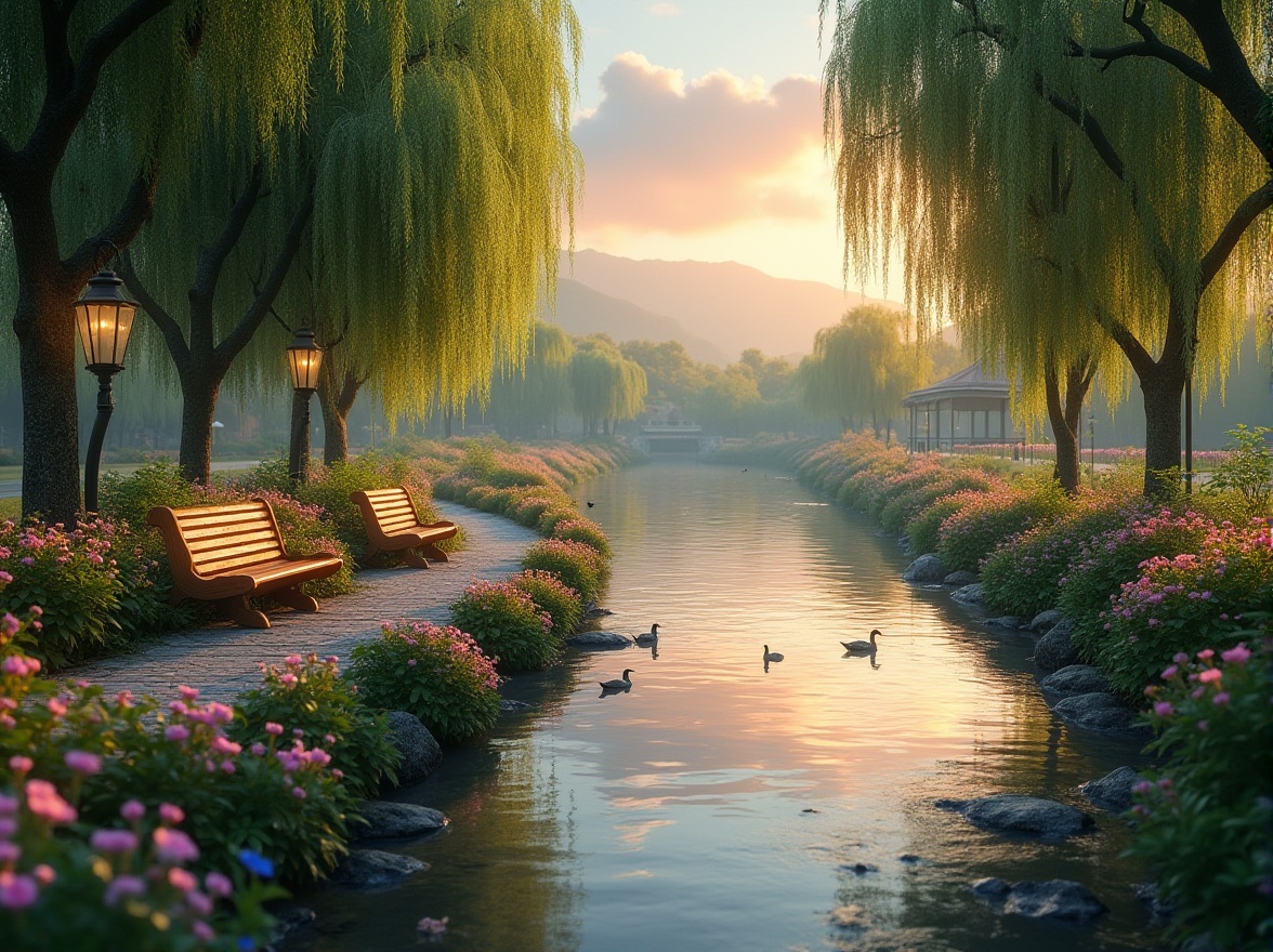 Prompt: Riverbank scenery, serene atmosphere, natural harmony, lush greenery, vibrant flowers, weeping willows, gentle river flow, wooden benches, stone pathways, lanterns, soft lighting, warm sunset colors, peaceful ambiance, shallow water reflections, ducks swimming, distant mountains, 3/4 composition, cinematic view, depth of field, realistic rendering.