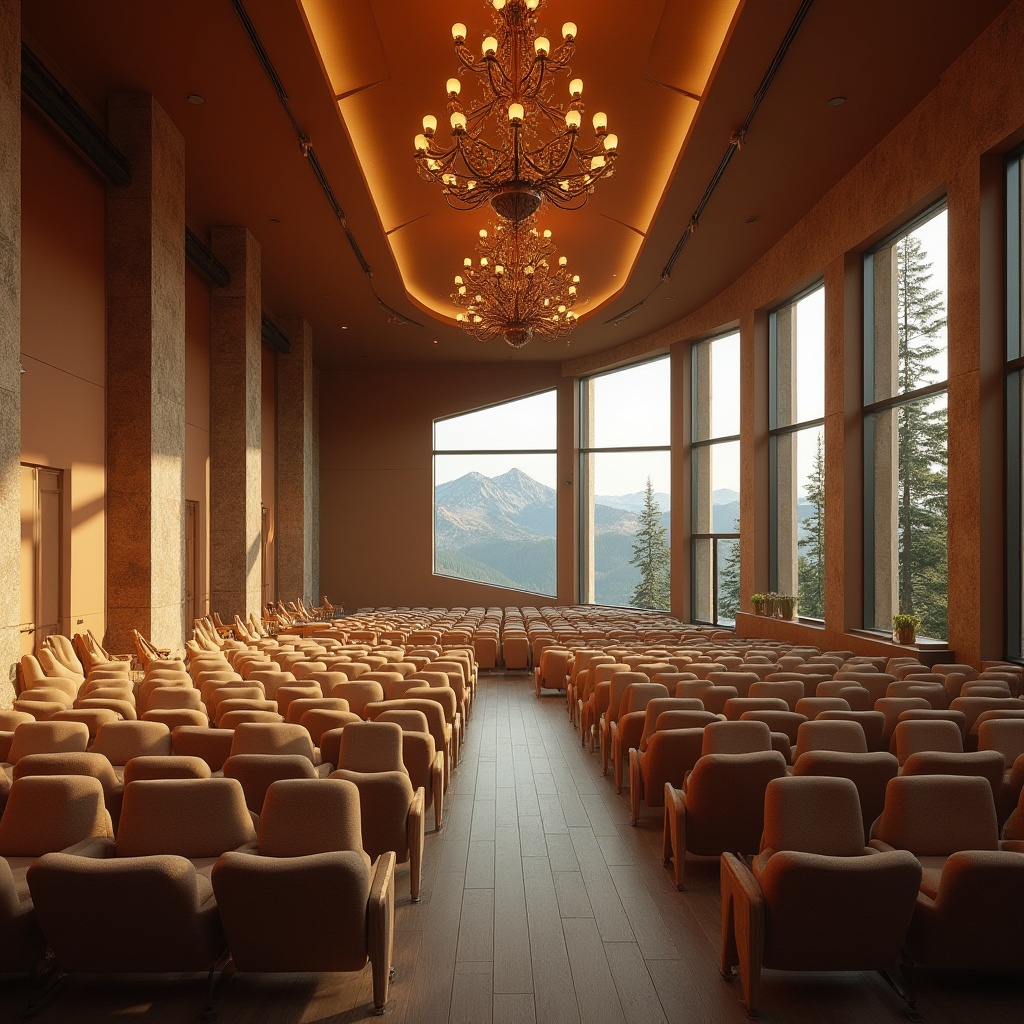 Prompt: Mountainous auditorium, Sienna color scheme, earthy tone, brown walls, beige seats, wooden floor, stone textured pillars, warm soft lighting, grand chandelier, high ceiling, panoramic view of mountains outside, large windows, natural scenery, serene atmosphere, rustic decoration, comfortable seating area, acoustic panels, professional audio equipment, subtle scent of wood and coffee.