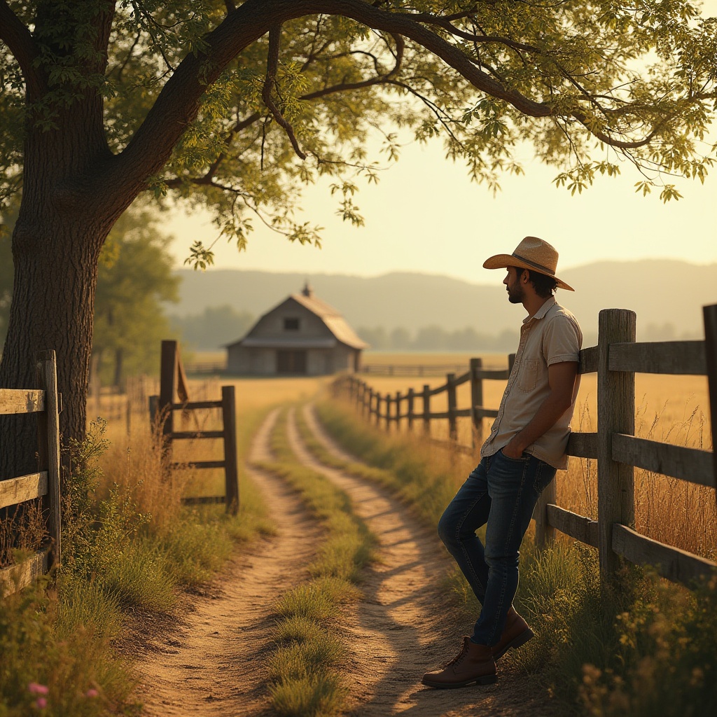 Prompt: Rural setting, khaki color theme, natural scenery, vast open fields, rolling hills, wooden fences, trees with lush green leaves, a worn dirt path, rustic metal gate, old wooden barn in the distance, warm sunny day, soft golden lighting, gentle breeze, relaxed atmosphere, casual clothing, cotton shirt, rugged denim pants, brown leather boots, straw hat, comfortable pose, leaning against fence, looking into distance.