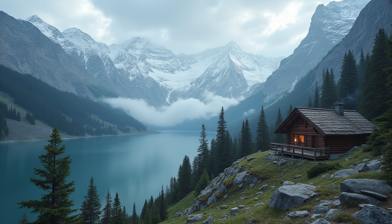 Prompt: Mountainous landscape, majestic snow-capped peaks, rugged terrain, serene alpine lake, misty atmosphere, morning dew, pine trees scattered along slope, granite rocks, wooden cabin in distance, smoke rising from chimney, warm lighting, cozy interior, rustic furniture, fireplace crackling, 3/4 composition, panoramic view, cinematic mood, dramatic clouds, HDR.