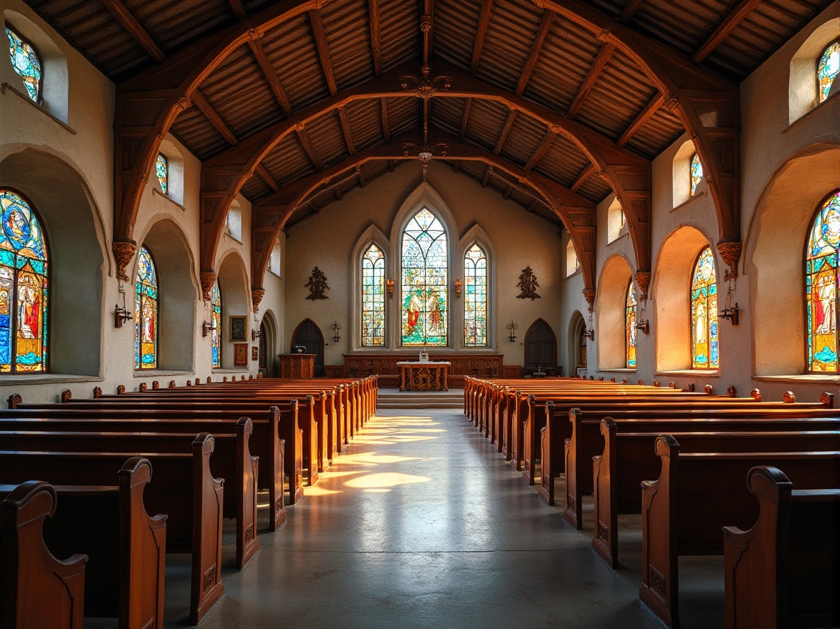 Prompt: Modern church, corrugated iron roof, rustic industrial interior, grand high ceiling, stained glass windows, warm soft natural light, wooden pews, intricate stone carvings, vibrant colorful murals, subtle elegant chandeliers, peaceful serene atmosphere, subtle dramatic shadows, 3/4 composition, shallow depth of field, architectural photography.