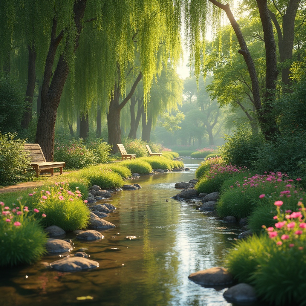 Prompt: Riverbank designs, harmony with nature, serene atmosphere, lush greenery, vibrant wildflowers, weeping willows, gentle stream, calm water reflection, wooden benches, natural stone pathways, tranquil ambiance, soft sunlight filtering through trees, warm color palette, earthy tones, peaceful coexistence, humans and nature, 3/4 composition, panoramic view, shallow depth of field, cinematic lighting, realistic textures.