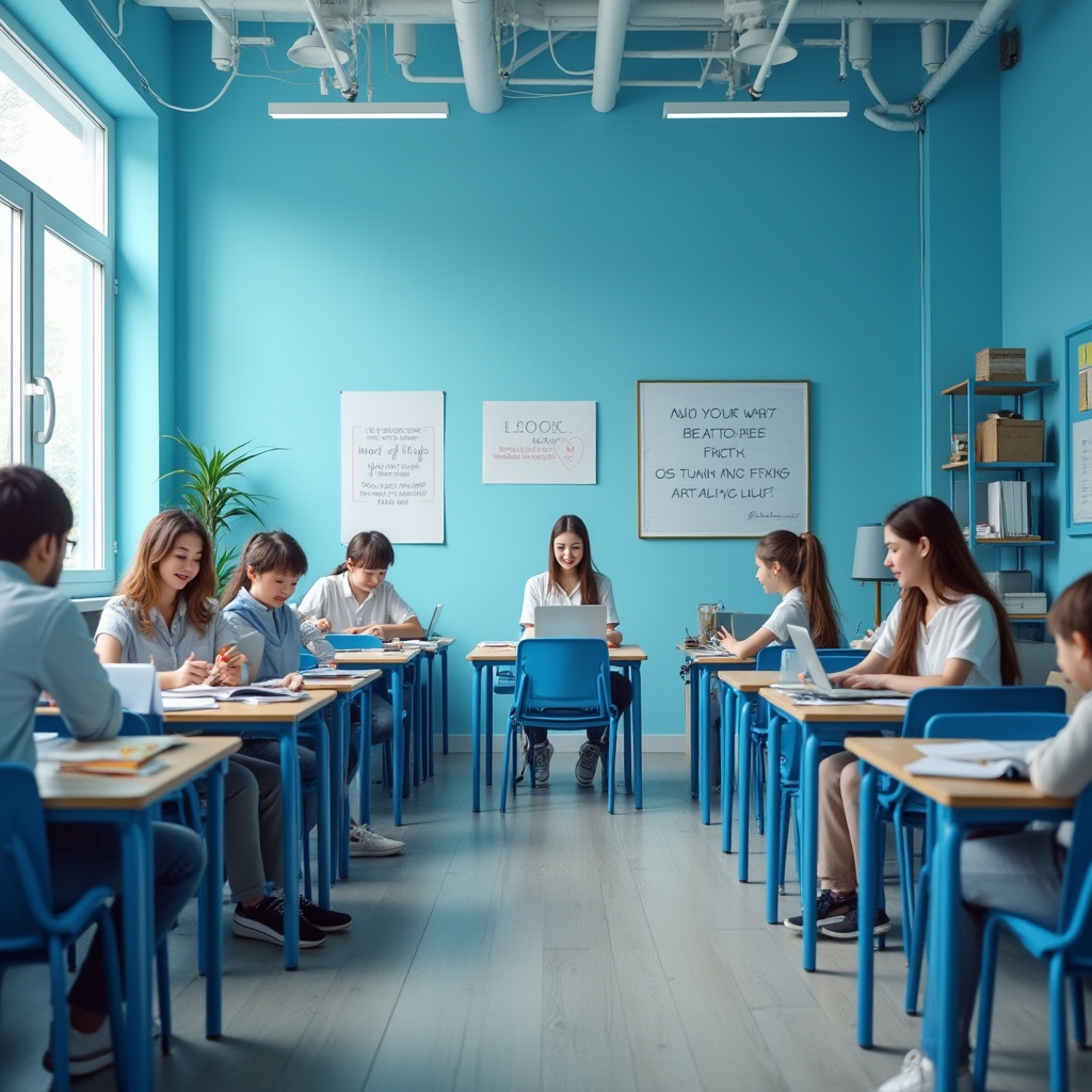 Prompt: Calming educational space, blue walls, blue tables, blue chairs, wooden floors, modern minimalist decorations, motivational quotes on walls, inspirational posters, soft blue lighting, panoramic view, 3/4 composition, shallow depth of field, vibrant blue accents, learning atmosphere, students studying, laptops open, books scattered, pencils and pens on tables, friendly teacher guiding, smiling faces, natural light pouring in through large windows, gentle breeze blowing curtains, peaceful ambiance, educational props, soft music playing.