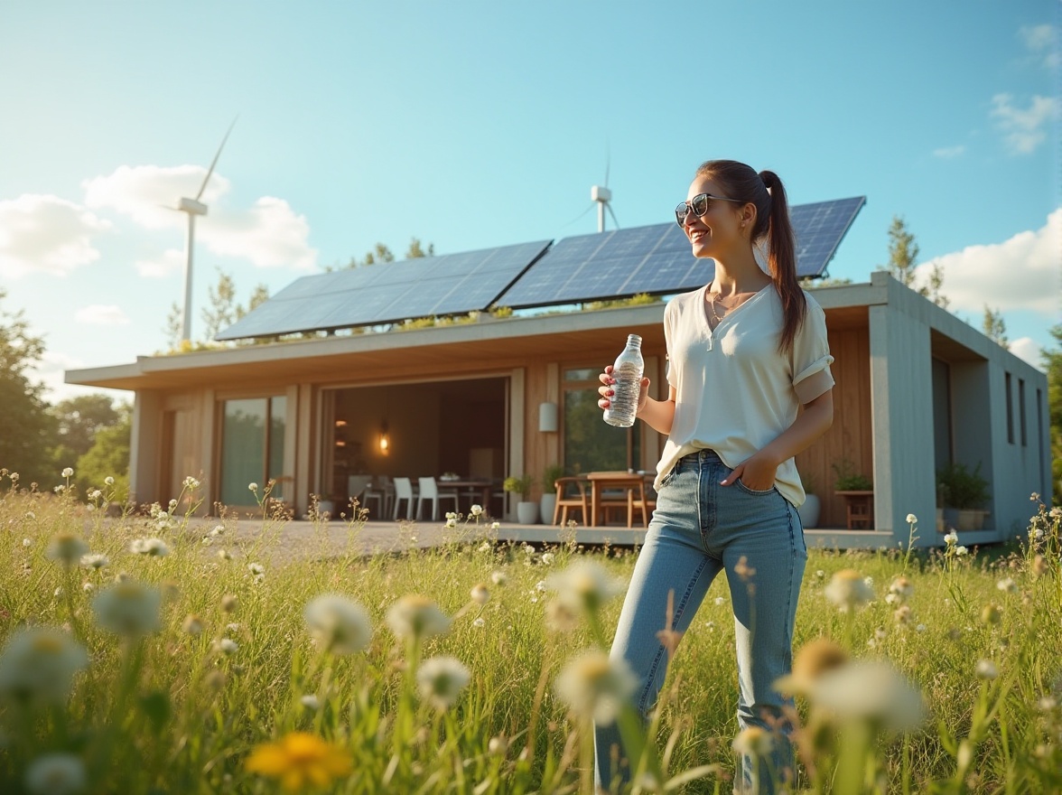 Prompt: Eco-friendly modern villa, solar panels, wind turbines, green roof, recycled materials, minimalist interior, natural light, open space, floor-to-ceiling windows, sliding glass doors, wooden furniture, potted plants, woman, 30s, casual wear, ponytail, sunglasses, smiling, holding reusable water bottle, standing in front of a grassland, wildflowers blooming, blue sky with few white clouds, warm sunlight, gentle breeze, panoramic view, 3/4 composition, soft focus, natural color tone.