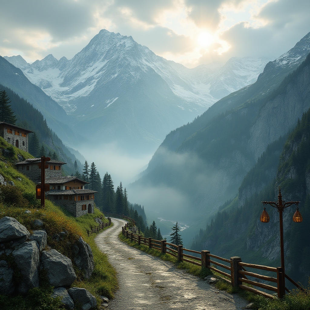 Prompt: Mountainous landscape, majestic snow-capped peaks, rocky terrain, misty atmosphere, lush green forests, rugged cliffs, serene lakes, winding mountain roads, rusty old railings, worn wooden signs, weathered stone cottages, smoke rising from chimneys, morning dew, soft golden light, dramatic cloudy skies, panoramic view, 3/4 composition, ambient occlusion.