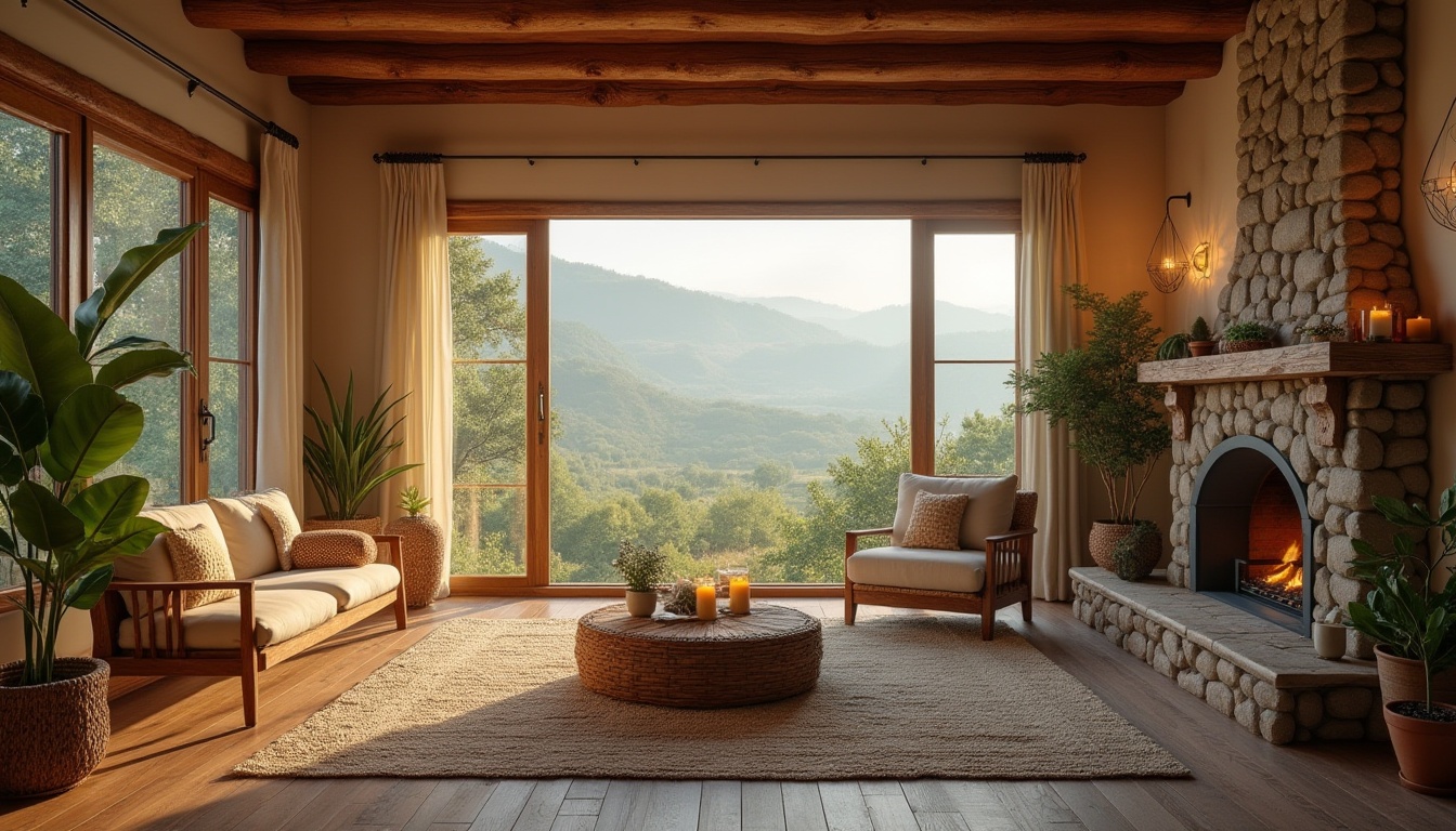 Prompt: Cozy rural living room, natural wood accents, stone fireplace, plush armchair, vintage rug, woven basket coffee table, potted plants, soft candlelight, warm beige walls, wooden ceiling beams, large windows overlooking rolling hills, panoramic view, serene landscape, misty morning atmosphere, gentle sunlight filtering through curtains, inviting ambiance, comfortable seating area, nature-inspired decor.