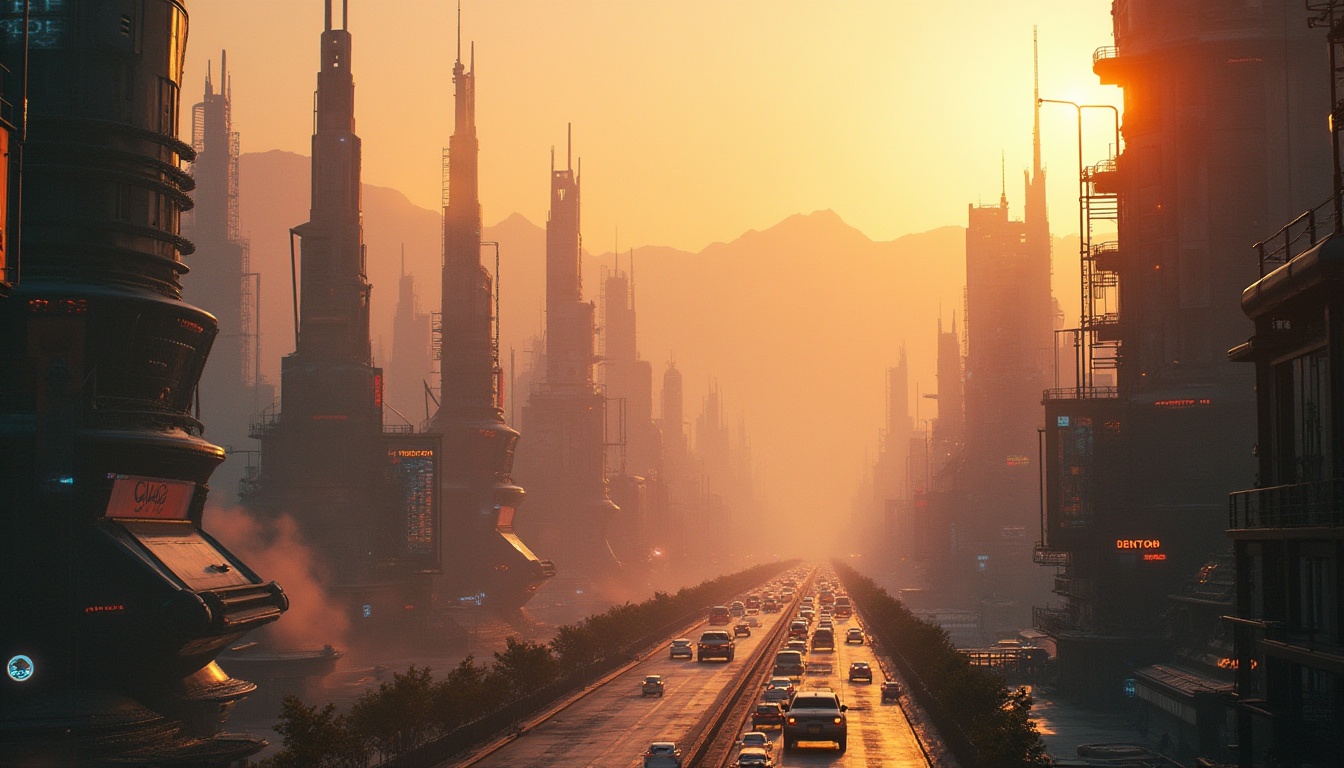 Prompt: Futuristic cityscape, Sienna color tone, warm glow, metallic structures, sleek curves, neon lights, towering skyscrapers, holographic advertisements, bustling streets, levitating cars, cyberpunk atmosphere, distant mountains, misty fog, soft focus, cinematic composition, low-angle shot, vibrant city life, 3/4 view, dynamic lighting.