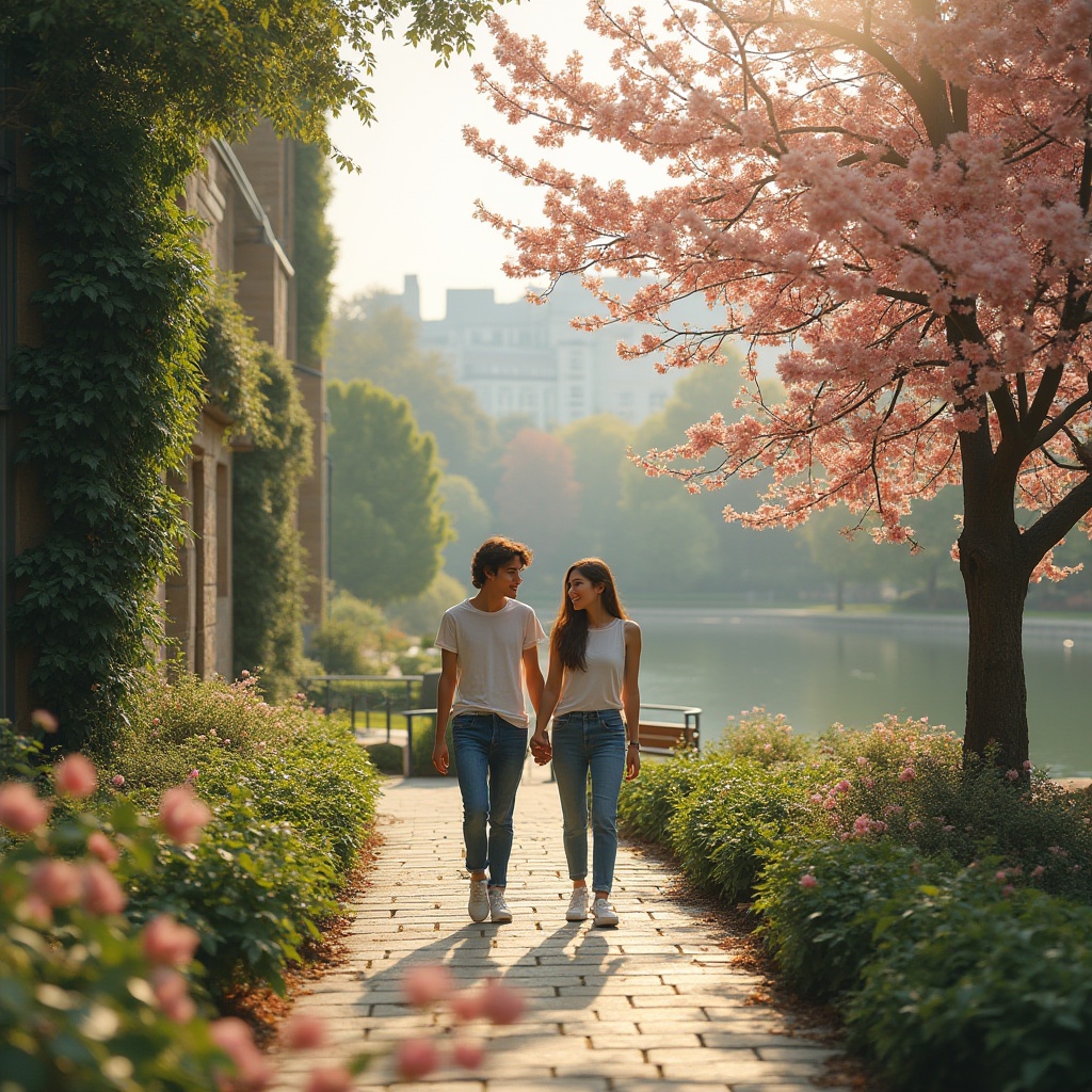 Prompt: Romantic campus scene, lush greenery surrounding modern buildings, blooming flowers in vibrant colors, vines crawling up stone walls, a serene lake in the background, reflecting the majestic architecture, walking paths lined with benches, cherry blossom trees providing shade, soft sunlight filtering through leaves, warm atmosphere, gentle breeze rustling hair, a couple holding hands, smiling, dressed in casual college attire, jeans and white shirts, surrounded by blooming flowers, scenic beauty, cinematic composition, natural light, panoramic view.