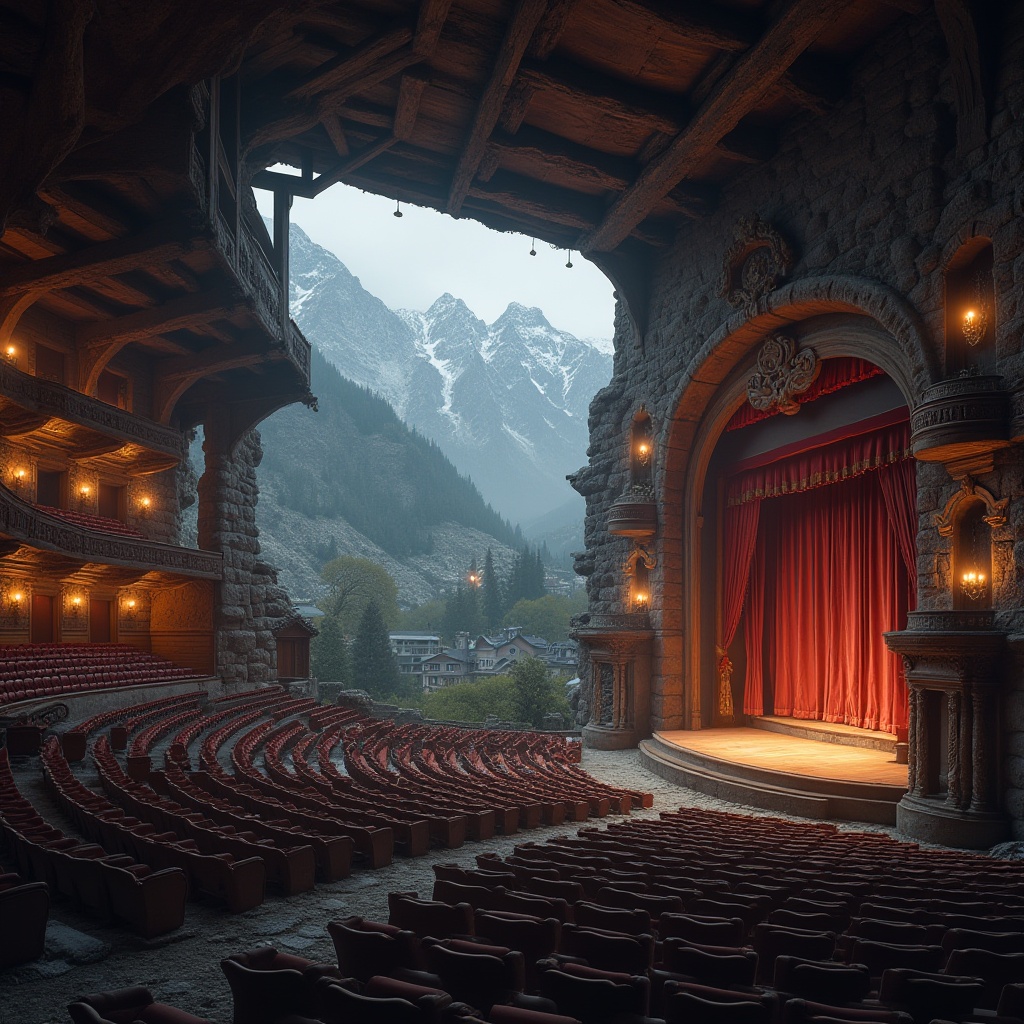 Prompt: Mountainous region, auditorium, vernacular architecture, grand stone structure, wooden beams, rustic exterior walls, steeply pitched roof, snow-capped peaks in the background, misty atmosphere, warm interior lighting, wooden benches, intricate carvings, ornate chandeliers, majestic stage, red velvet curtains, dramatic spotlights, audience seating area, 3/4 composition, low-angle shot, cinematic mood, soft focus, depth of field, natural textures, earthy tones.