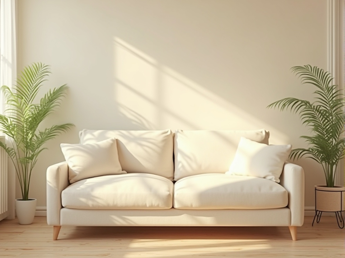 Prompt: Cream color, soothing ambiance, living room, warm lighting, comfortable couch, soft cushions, pastel shade walls, wooden flooring, plants on side tables, gentle curves, minimalist decor, Scandinavian style, morning sunlight, calm atmosphere, peaceful vibes, subtle texture, soft focus, shallow depth of field, cinematic composition, inviting mood.