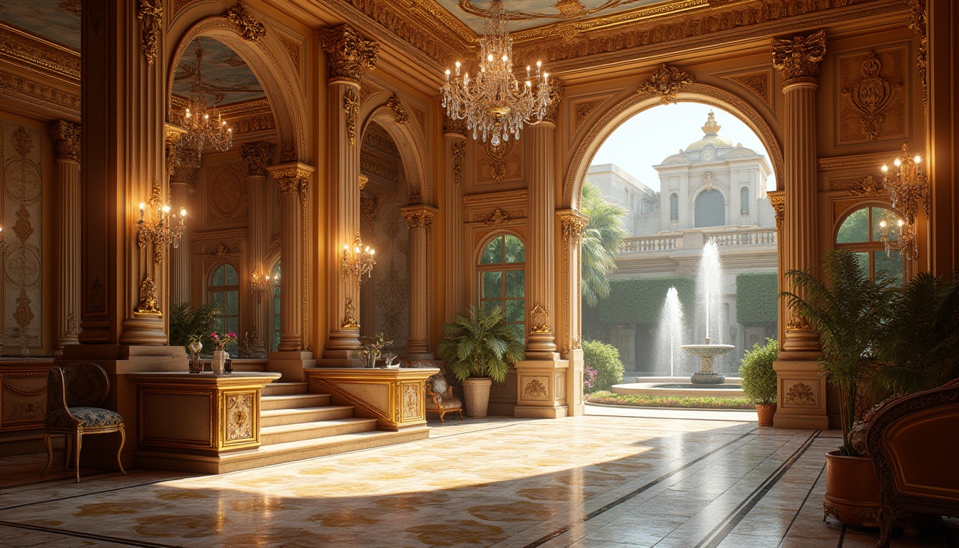 Prompt: Grand luxurious hotel, Renaissance style, ornate decorations, golden accents, high ceilings, crystal chandeliers, marble floors, intricate carvings, lavish furnishings, velvet drapes, baroque patterns, rich textures, warm lighting, intimate atmosphere, elegant lobby, sweeping staircase, ornate mirrors, frescoed ceiling, luxurious suites, opulent bathrooms, detailed moldings, rustic wooden doors, grand fountain, serene courtyard, surrounding lush greenery, sunny afternoon, soft natural light, warm color palette.