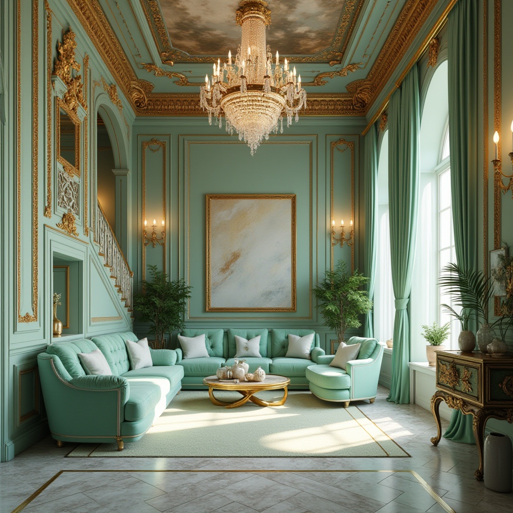 Prompt: Mint color accents, modern twist, Renaissance design, luxurious interior, ornate furniture, velvet upholstery, golden frames, intricate carvings, crystal chandeliers, marble floors, fresco ceiling, grand staircase, lavish drapery, soft natural light, warm ambiance, 3/4 composition, shallow depth of field, elegant atmosphere, cinematic lighting.