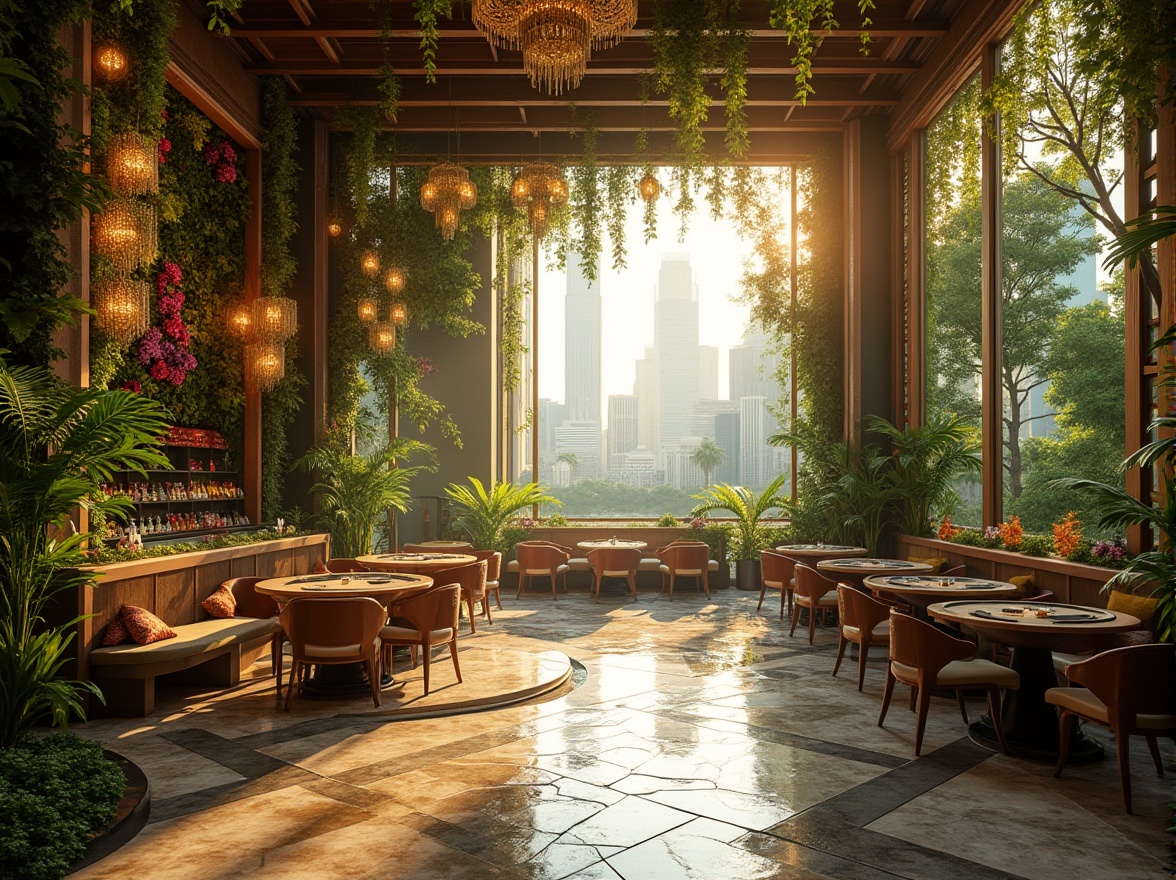 Prompt: Luxurious casino interior, blending nature elements, lush greenery, living walls, vibrant flower arrangements, natural stone flooring, wooden accents, tropical plants, soft golden lighting, warm atmosphere, subtle water features, serene ambiance, elegant chandeliers, luxurious fabrics, comfortable seating areas, panoramic city views, skyscraper backdrop, sunny afternoon, realistic reflections, cinematic composition.