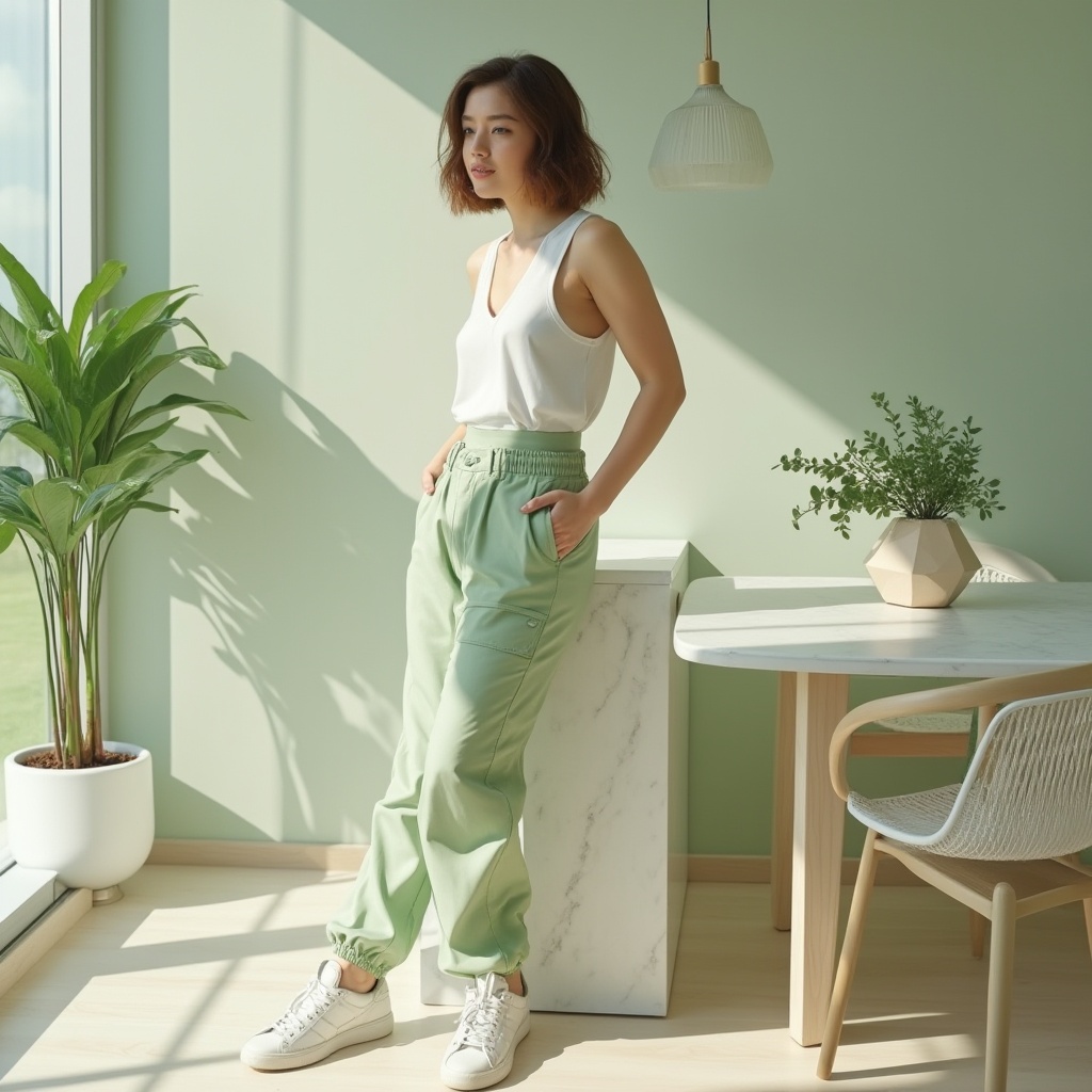 Prompt: Light green themed, modern minimalist interior, chic lady, 25yo, elegant short hair, subtle makeup, white tank top, high-waisted light green pants, sneakers, relaxed leaning, natural daylight, floor-to-ceiling windows, plants with light green leaves, marble table, geometric vase, soft box lighting, warm atmosphere, Scandinavian style furniture, simple composition.