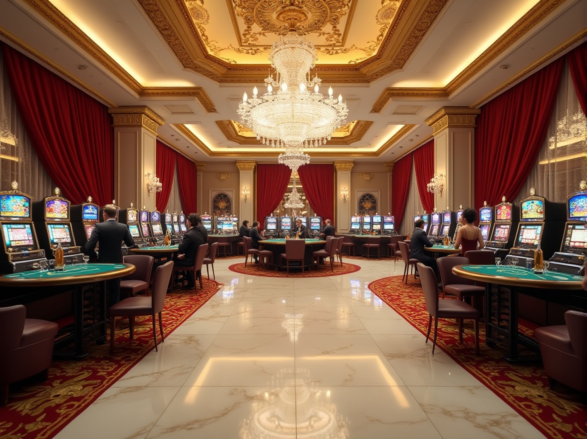 Prompt: Luxurious casino interior, white marble floors, high ceilings, grand chandelier, ornate gold decorations, velvet red curtains, rows of slot machines, card tables with green felts, dealers in formal attire, players in elegant dresses and suits, sparkling diamond jewelry, champagne bottles, luxurious leather sofas, modern art pieces on walls, subtle ambient lighting, dramatic spotlighting, wide-angle shot, cinematic composition, shallow depth of field.