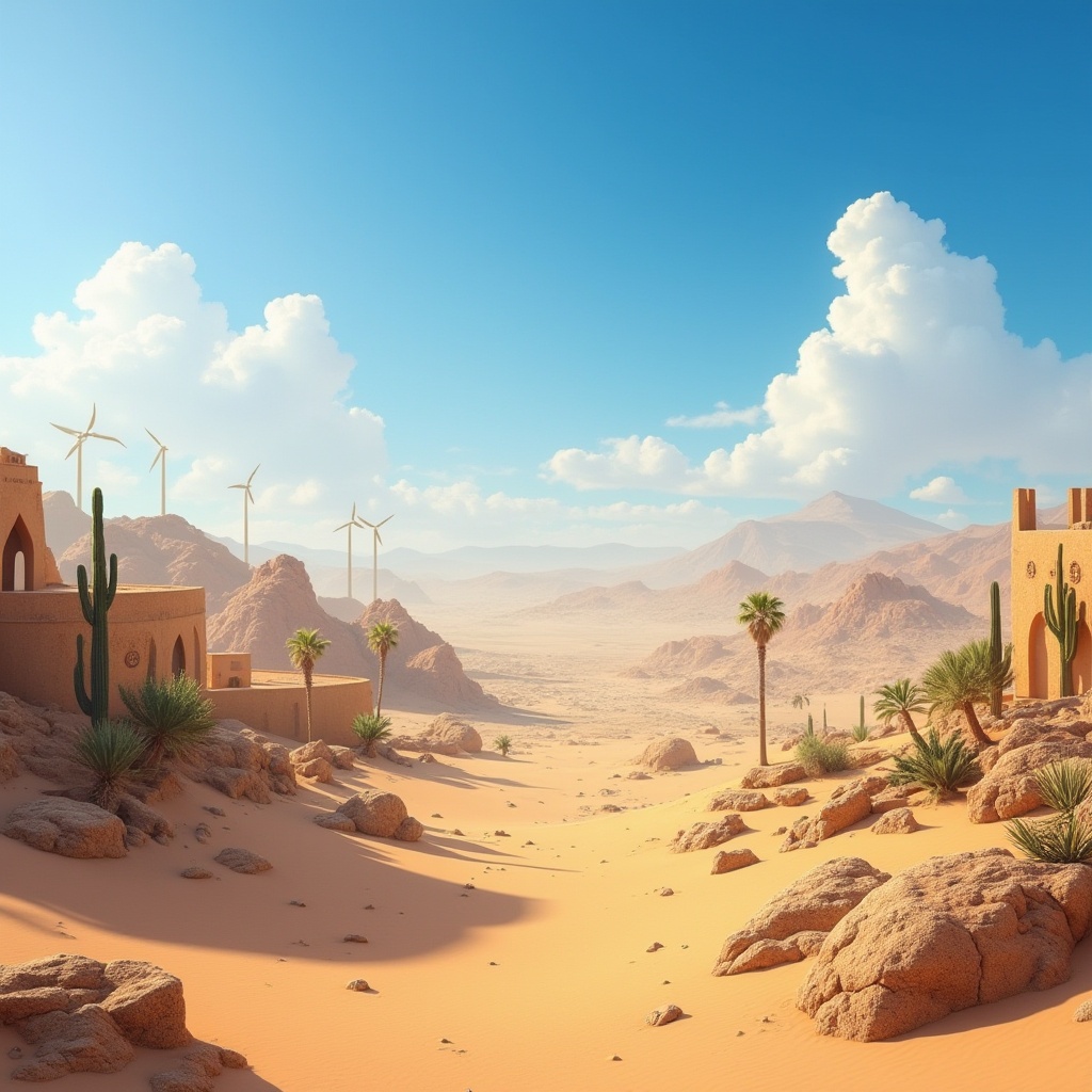 Prompt: Desert landscape, sunny weather, blue sky with few white clouds, sandy dunes, cacti, rocky formations, mirage effect, hot temperature, Arabian style architecture, mud-brick buildings, intricate arches, Islamic patterns, wind turbines, solar panels, oases, palm trees, succulents, vast open spaces, minimal human presence, 4x4 composition, warm lighting, high contrast, cinematic mood.