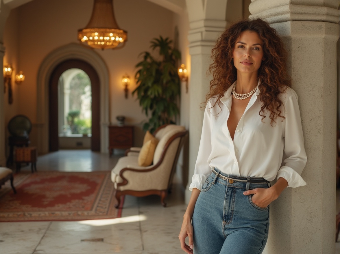 Prompt: Eclectic interior design, luxurious villa, mature lady, 30s, curly brown hair, natural makeup, pearl necklace, white blouse, high-waisted jeans, standing, leaning against a column, limestone wall, arches, grand chandelier, marble floor, vintage furniture, plush rug, warm lighting, cinematic composition, shallow depth of field, soft focus.