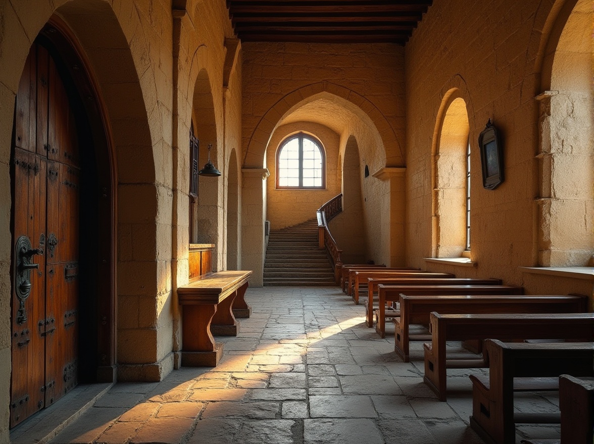 Prompt: Monastery brutalism, rough stone walls, sand-colored stucco, rugged wooden doors, ornate metal hinges, dimly lit corridors, vaulted ceilings, grand staircase, rustic stone floors, worn-out pews, stained glass windows, eerie silence, soft warm lighting, dramatic shadows, cinematic composition.