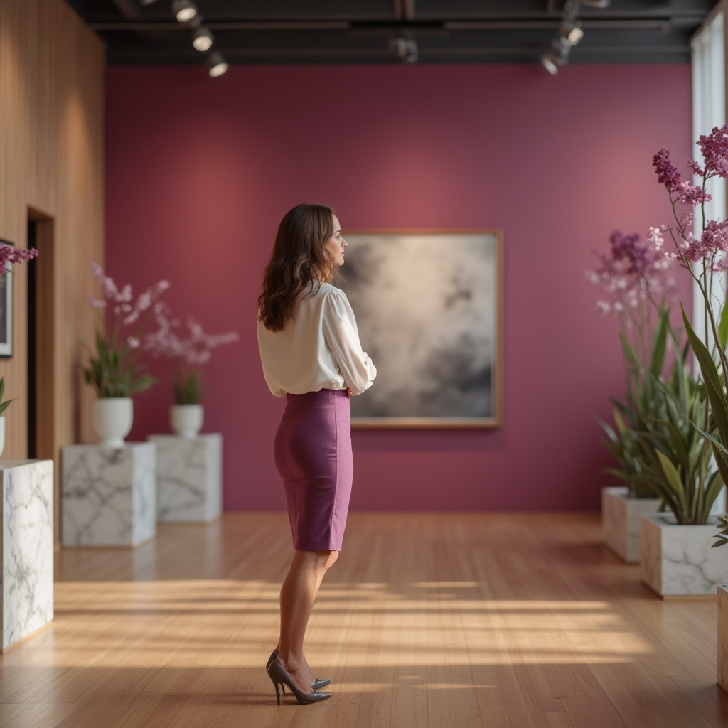 Prompt: Plum-colored accent wall, modern art gallery, solo female curator, 30s, elegant hairstyle, subtle makeup, white blouse, plum-colored pencil skirt, high heels, standing, gesturing, discussing art, afternoon soft natural light, minimalist interior design, wooden floor, marble countertops, abstract artwork on walls, spotlights highlighting exhibits, plants with plum-colored flowers, warm atmosphere, intimate setting, shallow depth of field, cinematic composition.